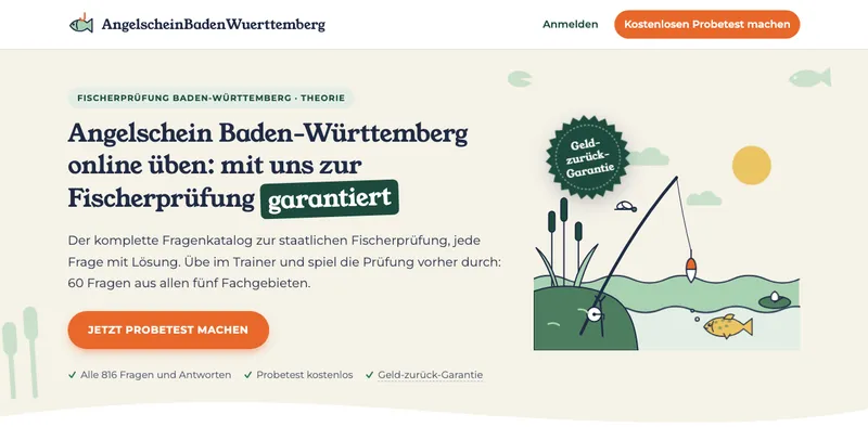 Startseite von AngelscheinBadenWuerttemberg, dem Trainer für die Fischerprüfung in Baden-Württemberg